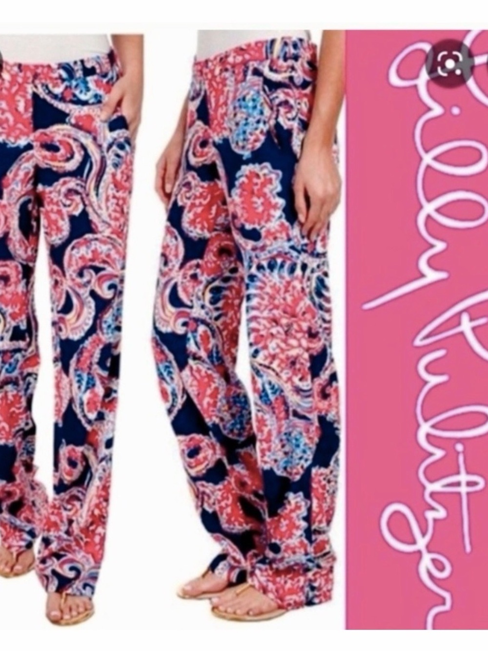 Lilly Pulitzer Navy & Pink Paisley Wide-Leg Pants For the Halibut Print